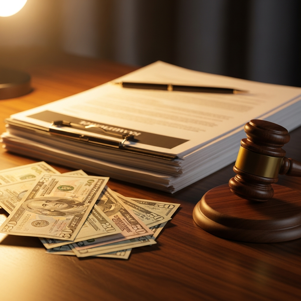 Court documents and gavel on a desk